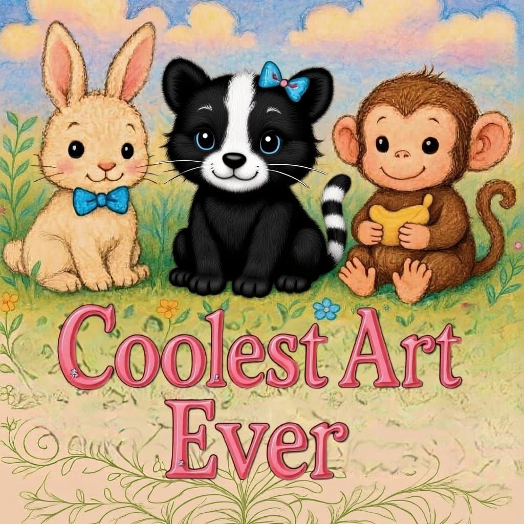 Change the baby monkey to a baby skunk with a blue ribbon on...