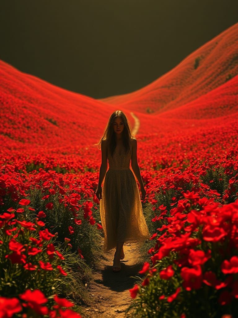 Ethereal Valley of Crimson Flowers in Fantasy Style