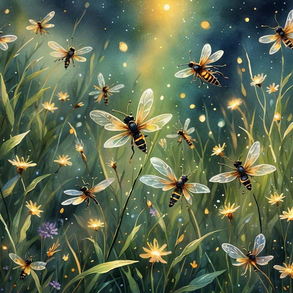 Enchanting Fireflies Dance in Ethereal Watercolor Meadow