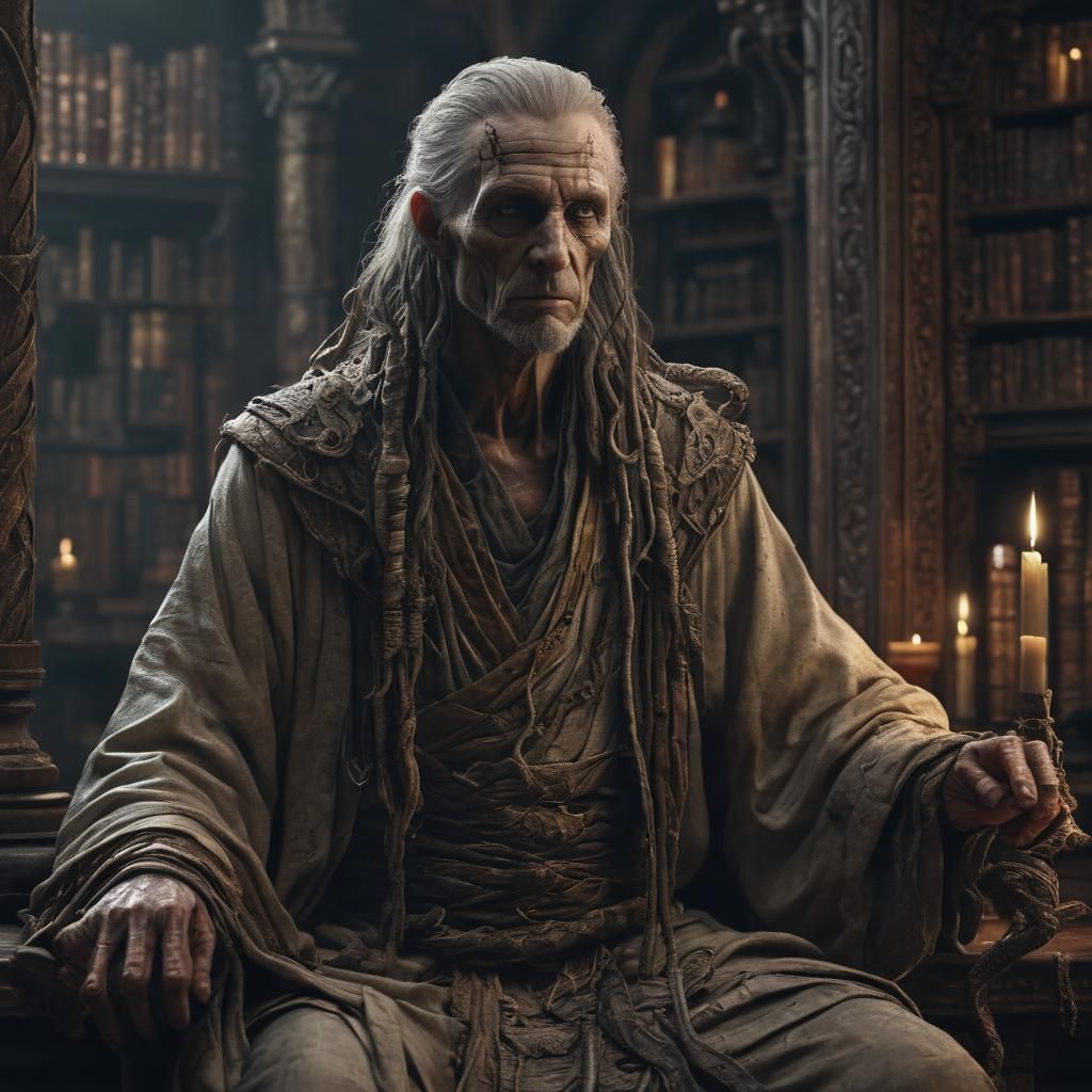 Ancient Sage with Serpent Tail in Dark Library