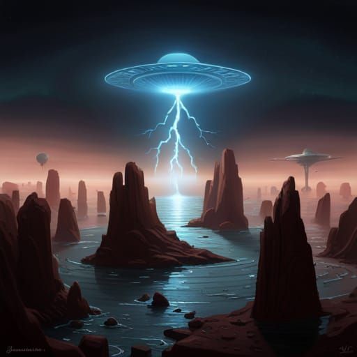 Chrome UFO Landing with Celestial Glow, Digital Art