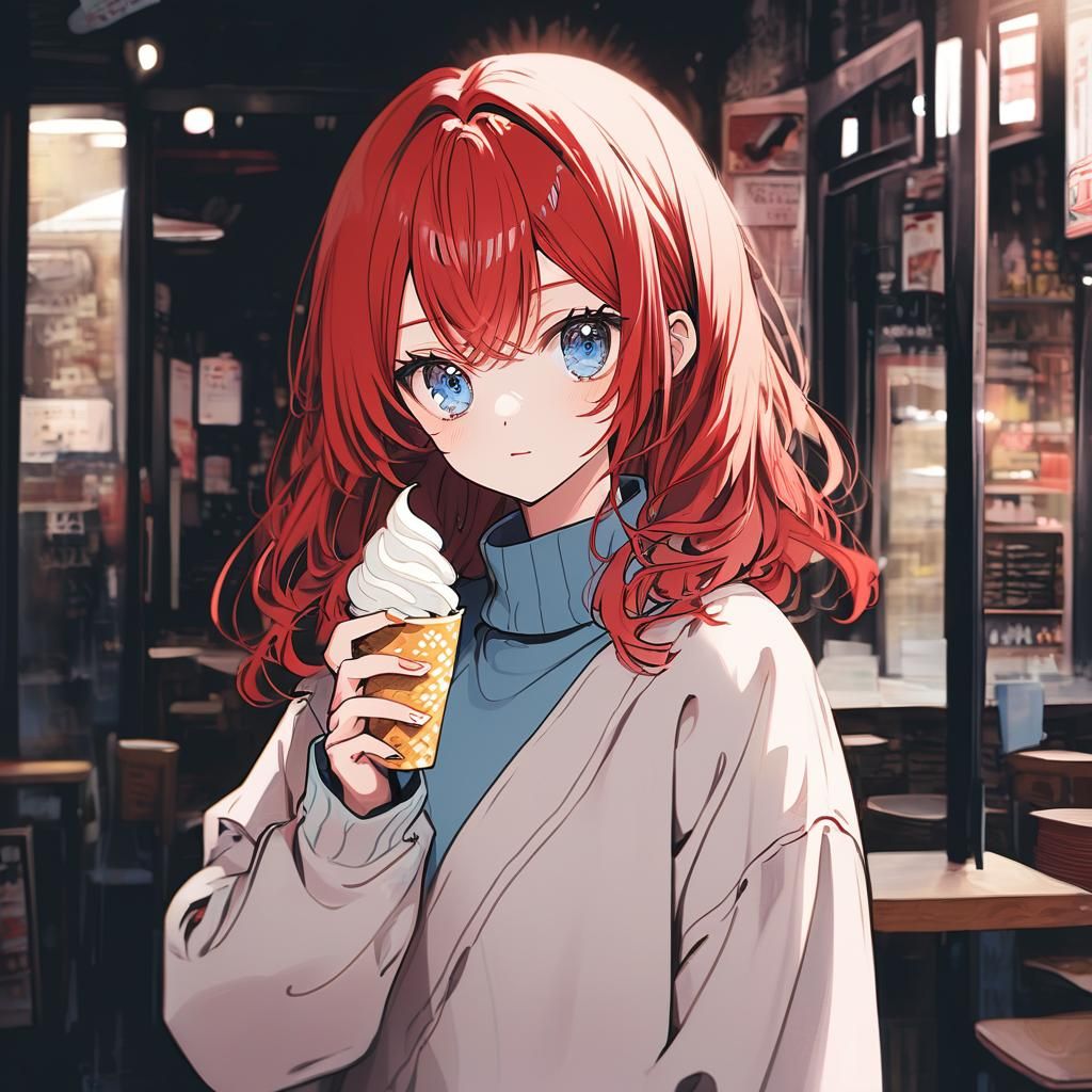 Anime Girl with Red Hair and Blue Eyes