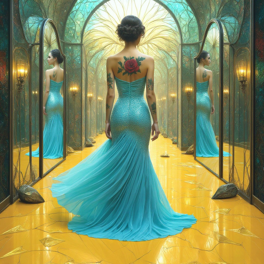 Woman in Dreamscape Reflecting Cyberpunk City