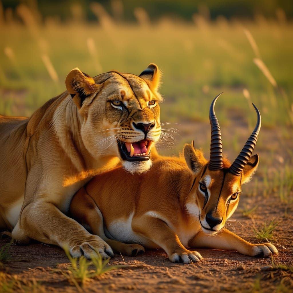 Lioness Chokes Impala in Dramatic Savannah Sunset