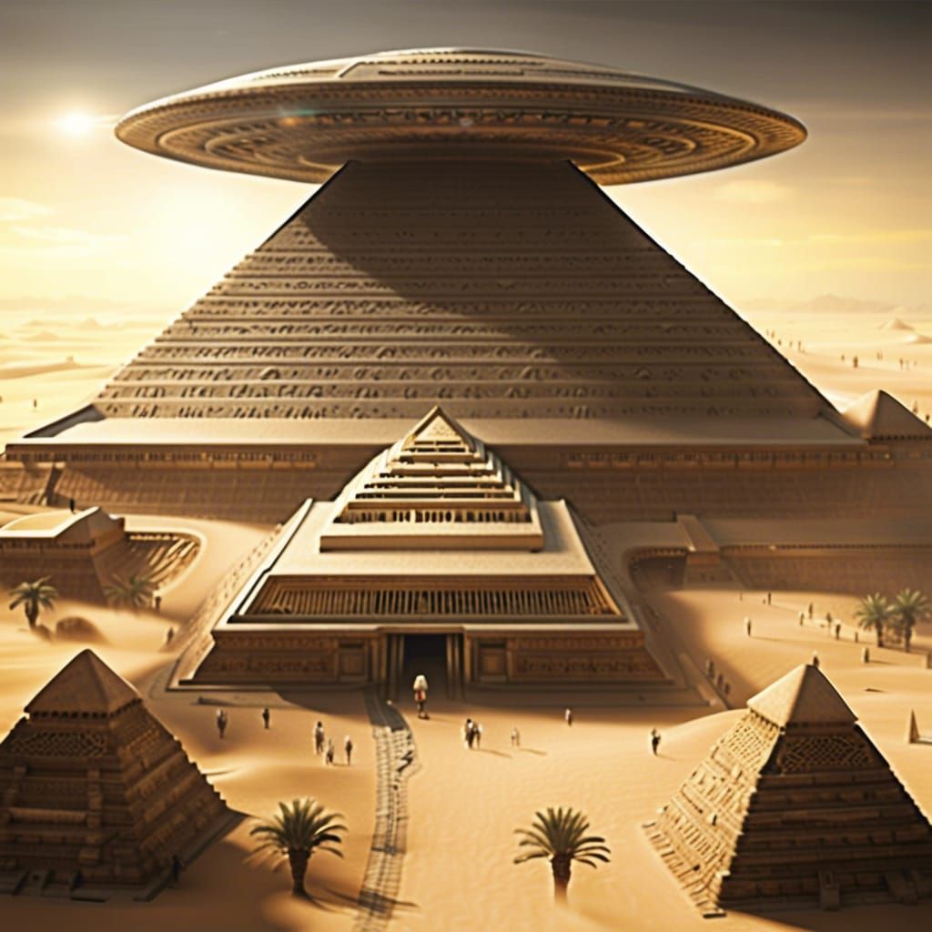 Alien Spaceship Landing on Futuristic Egyptian Pyramid
