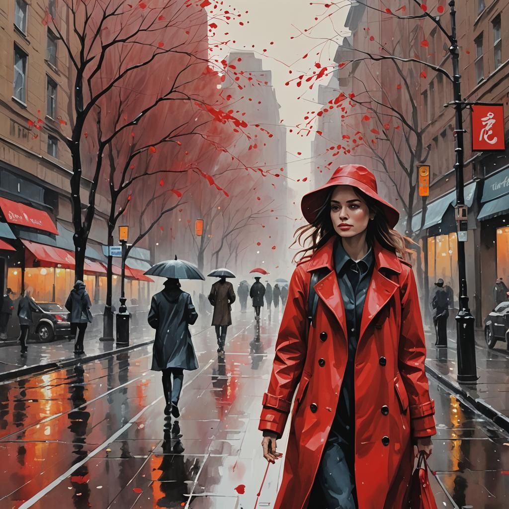 Pedestrian in Red Rain: Gouache Painting