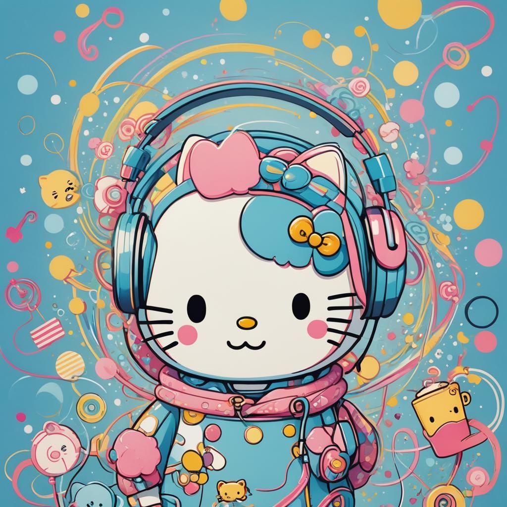 Hello Kitty Listens to Music in Kawaii Style