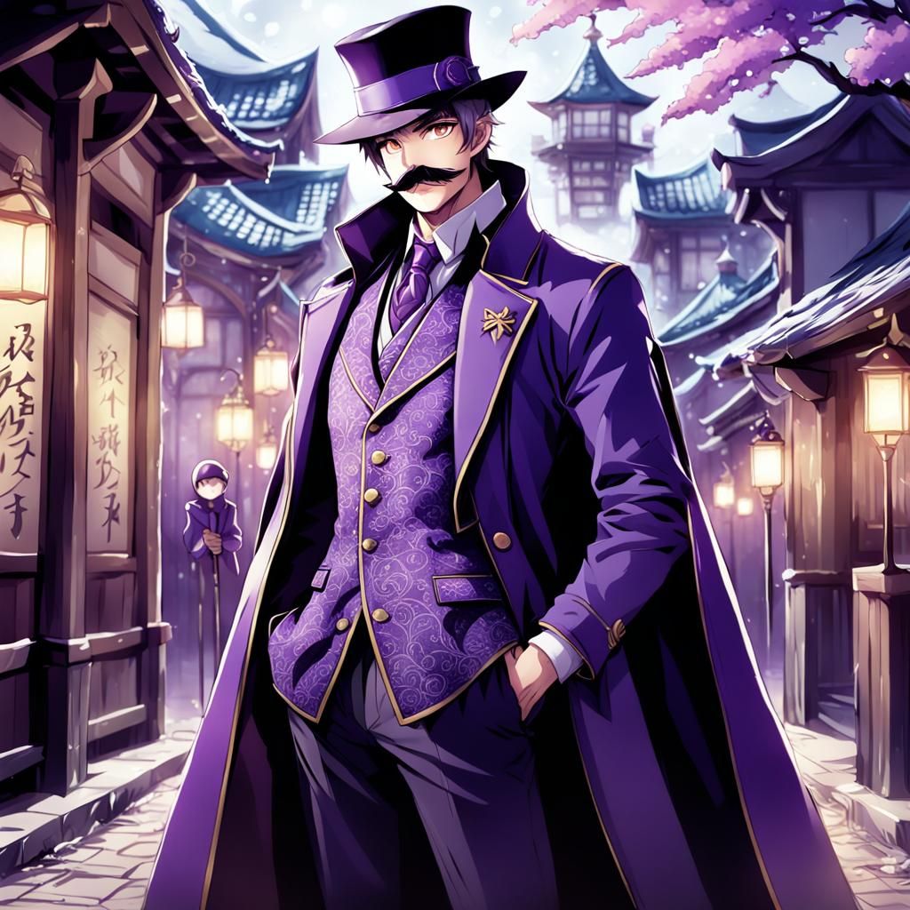 Anime-Style Trickster in Purple Coat and Zylinderhat
