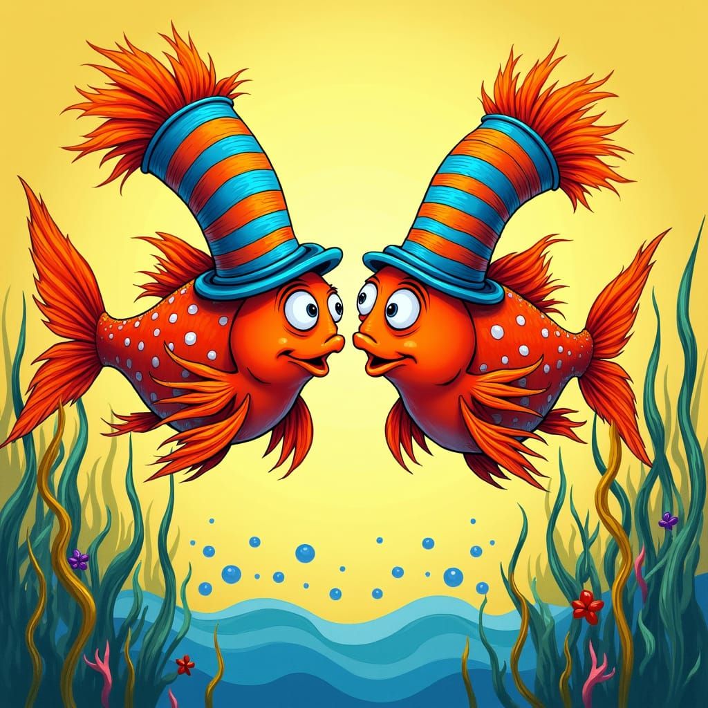 Dr. Seuss-Style Siamese Fighting Fish with Pot Helmets