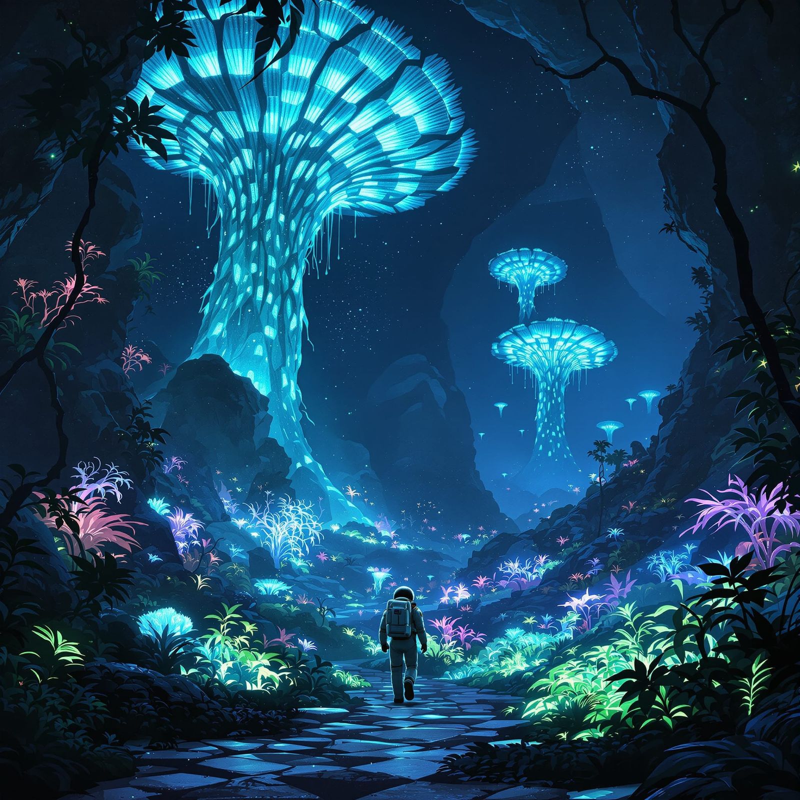 Astronaut on Alien Planet with Glowing Flora