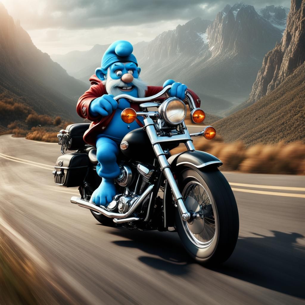 Papa Smurf Rides Harley on Mountain Road