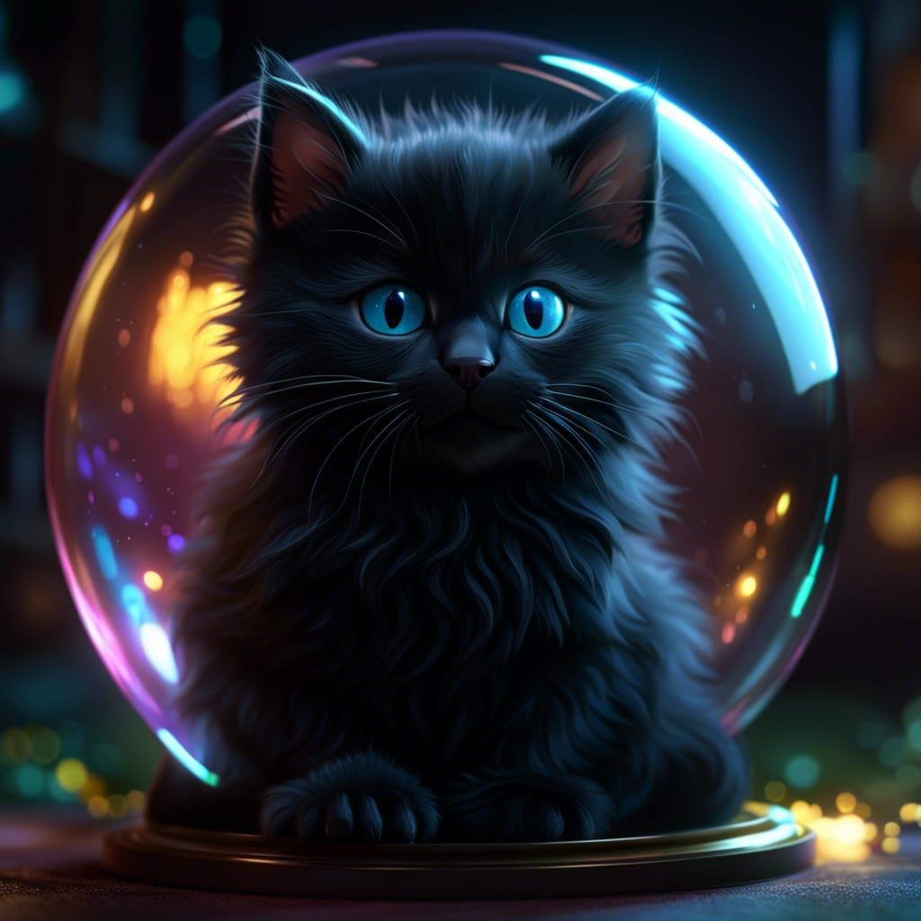 Fluffy Black Kitten in Glass Orb