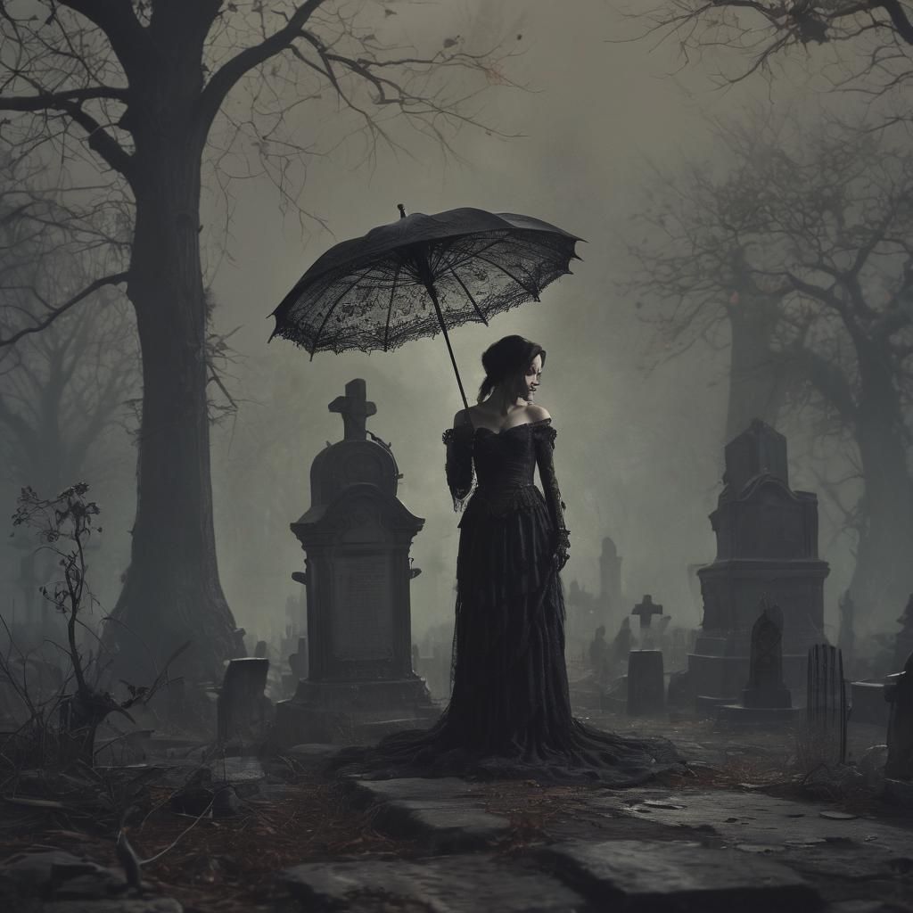 Woman with Parasol in Graveyard, Gothic Illustration