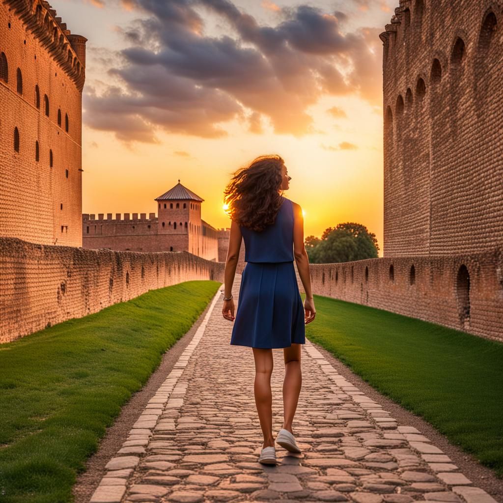 Ferrara Sunset with Woman in Modern Dress
