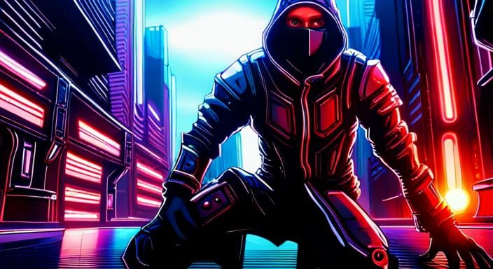 Cyberpunk Ninja in Dystopian Urban Landscape