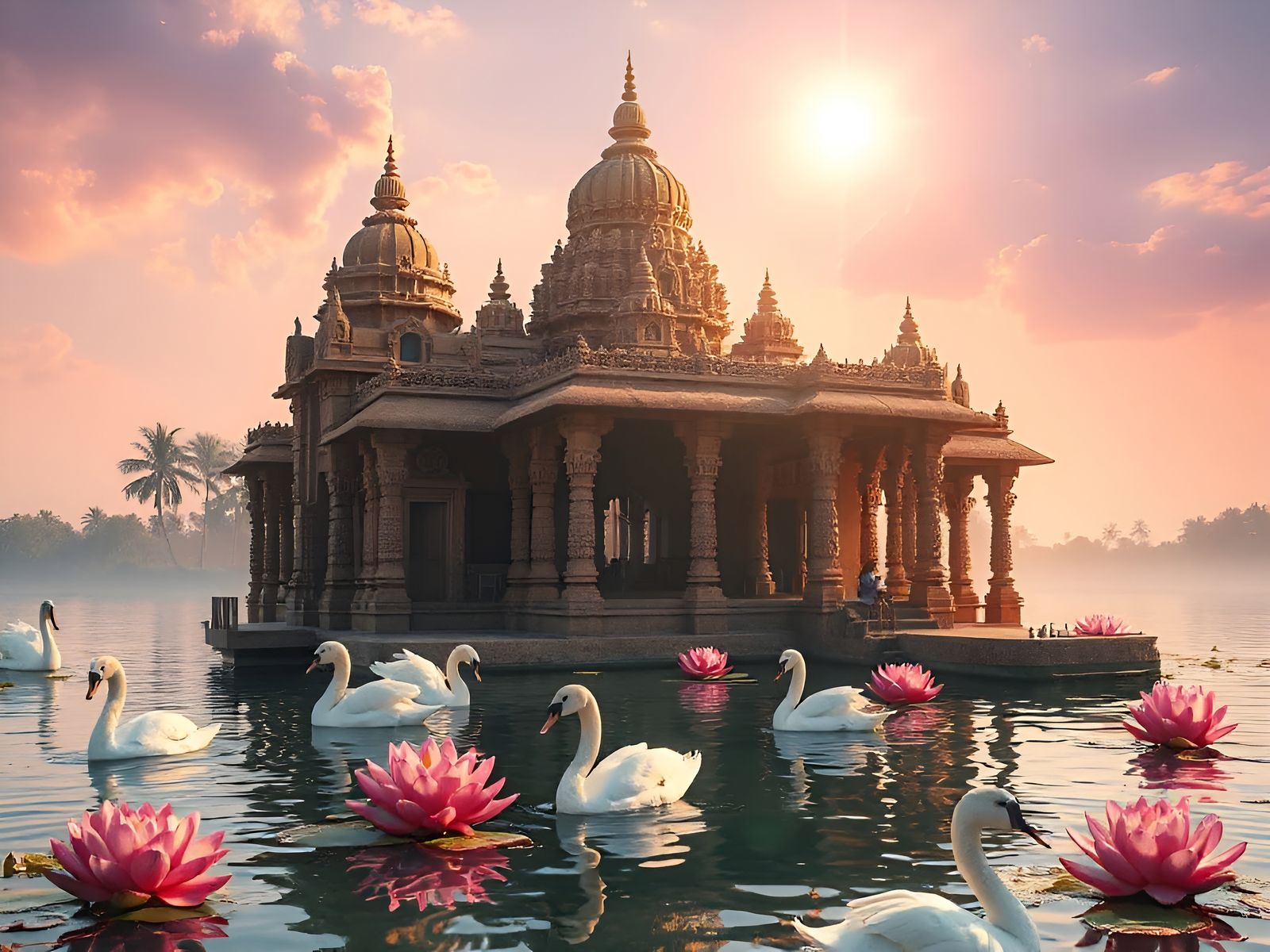 Hyperrealistic South Indian Temple in Lake with Swans