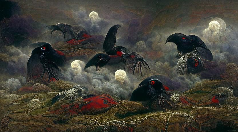 Eerie Red-Eyed Ravens in Flight: Gothic Horror Art