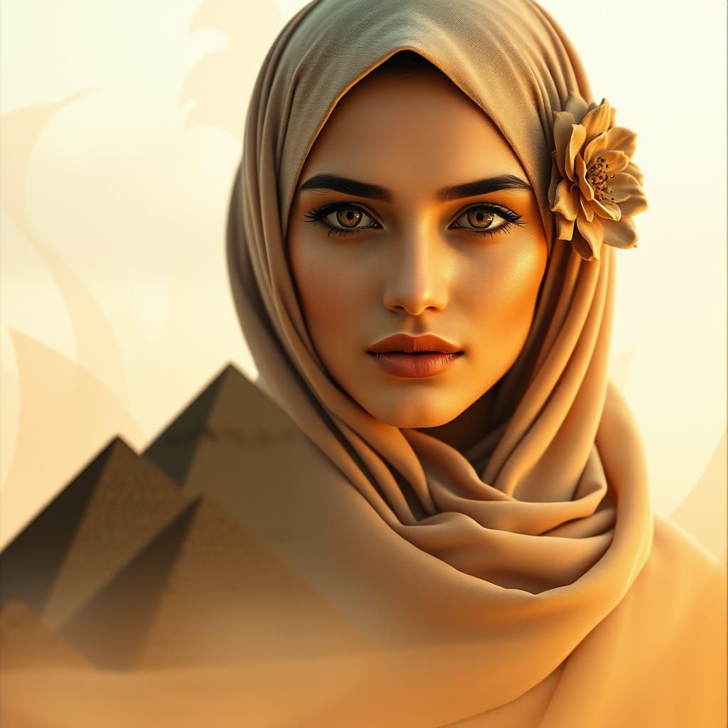 Ethereal Hijabi in Golden Light with Ancient Egyptian Pyrami...