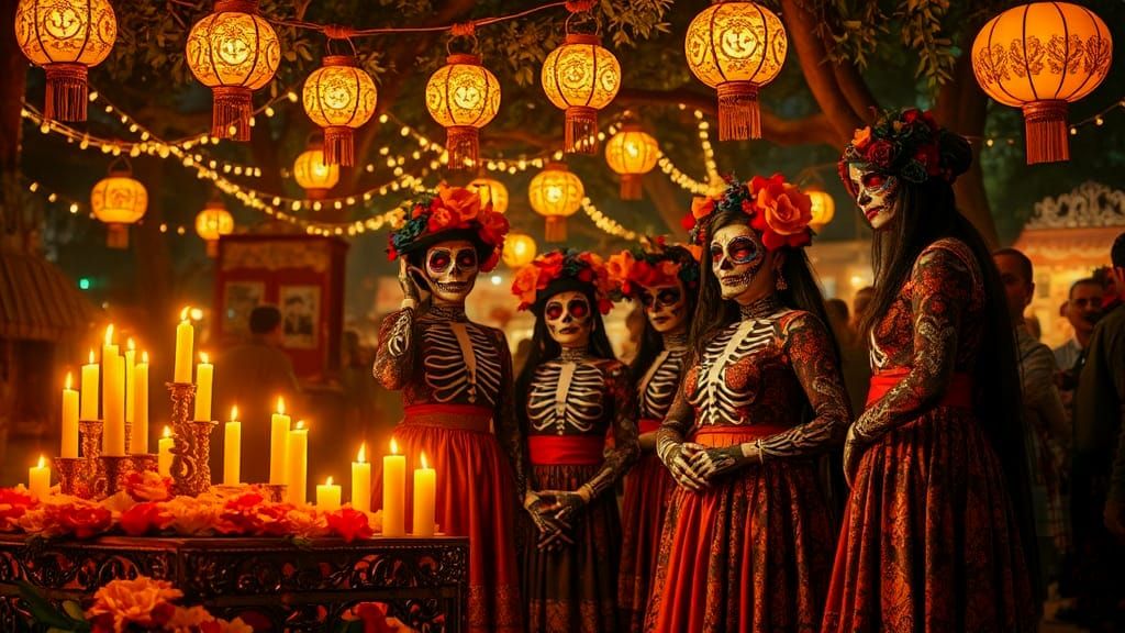 Festival Scene with Sugar Skulls as Oil Painting