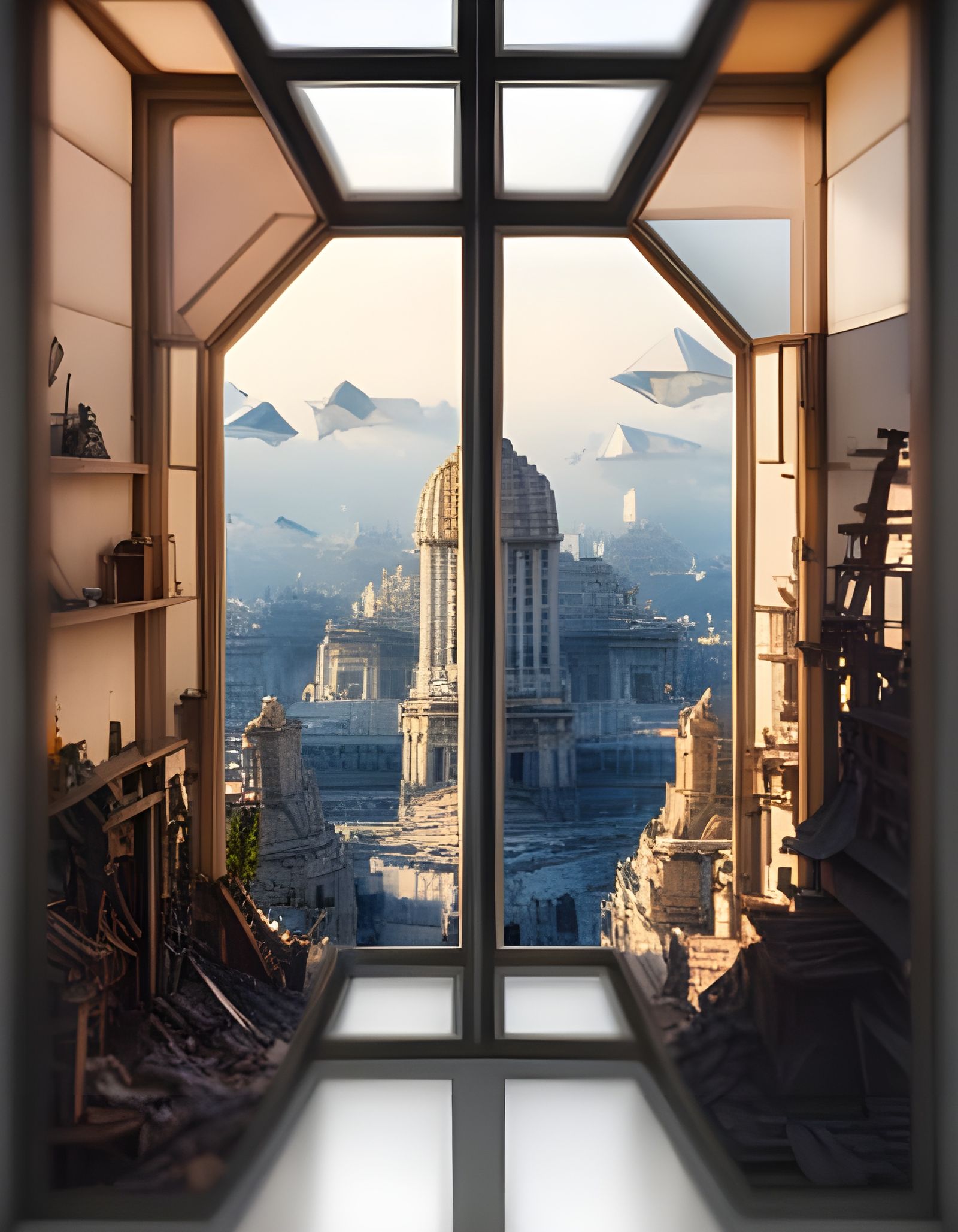 Post apocalyptic wonderland viewed through a window Origami paper folds papercraft, made of paper, stationery, 8K resolu...