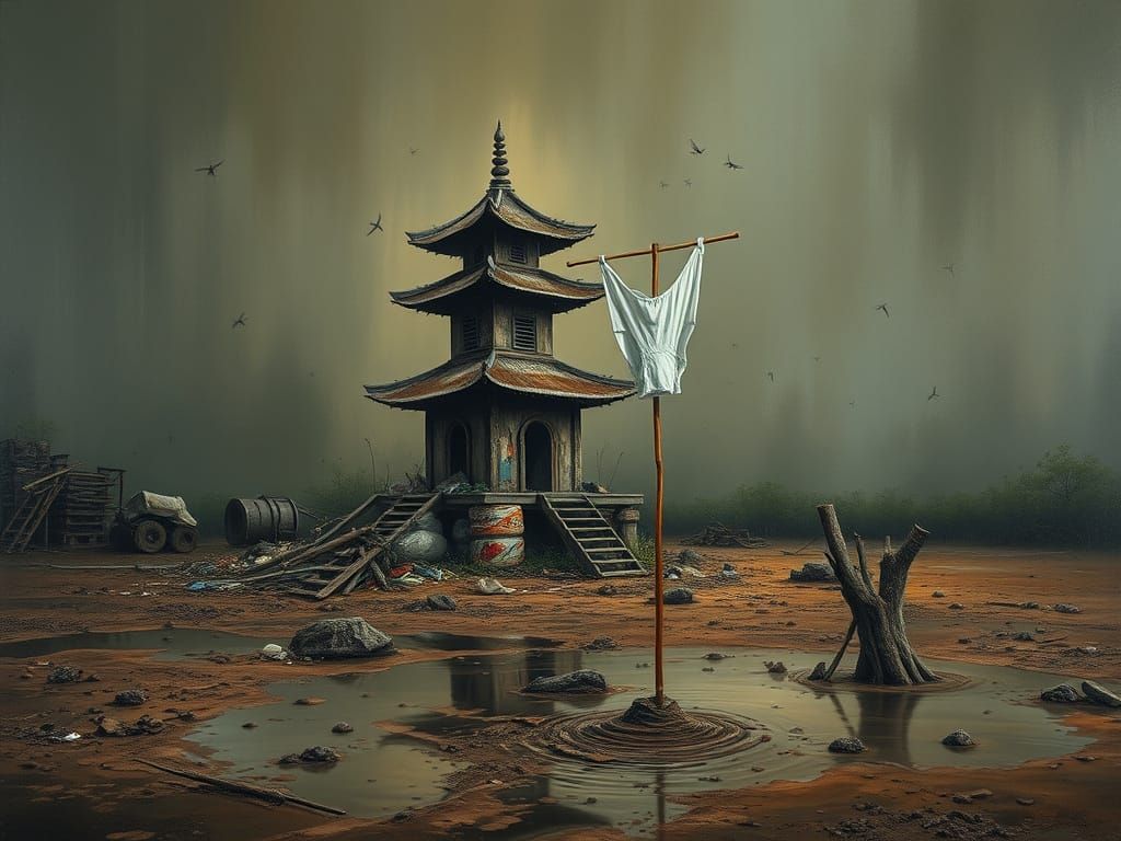 Surreal Grunge Pagoda of Trash in Toxic Wasteland
