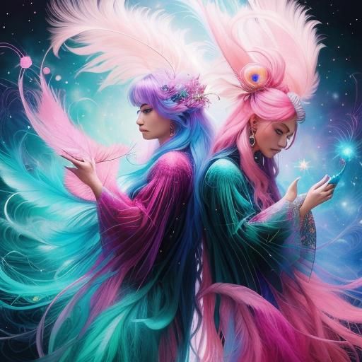 Cosmic Women with Peacock Feathers, Astral Illustration