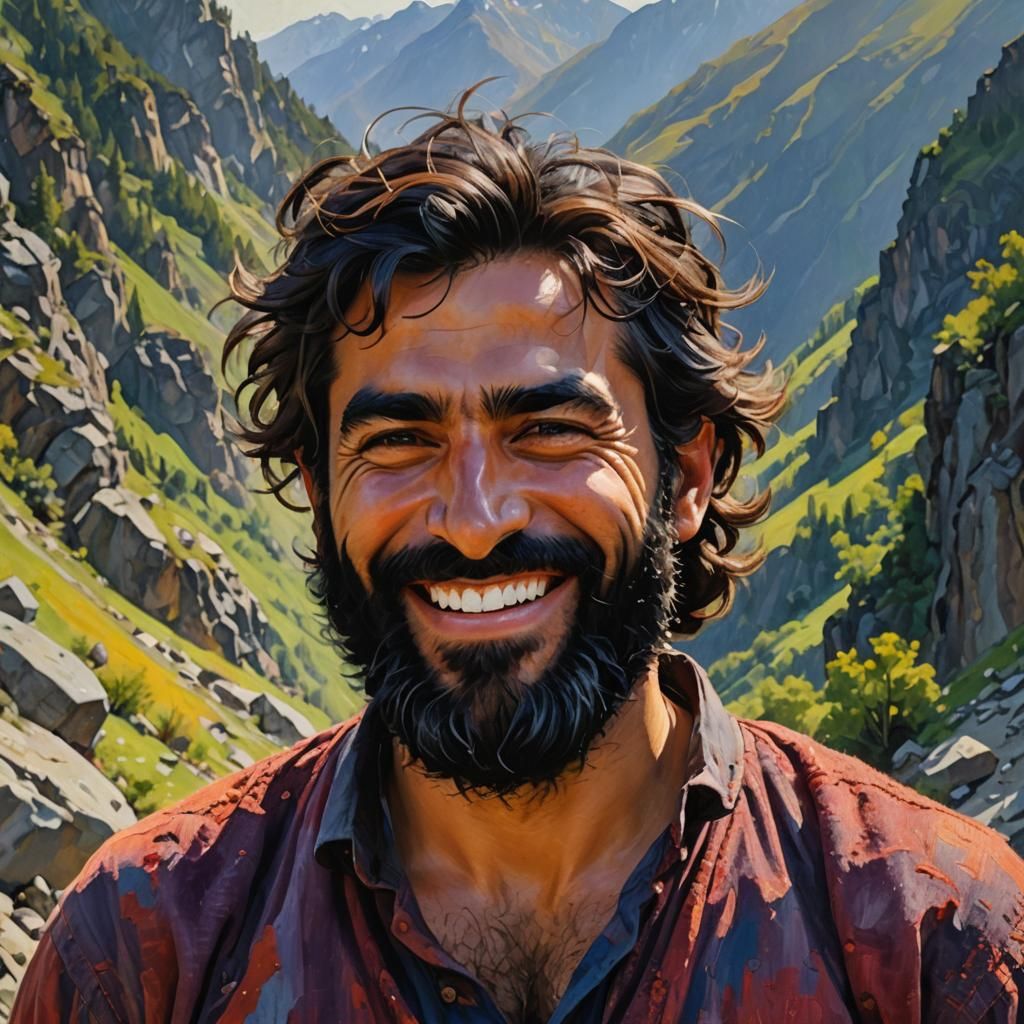 Smiling Man in Mountains: Neo-Expressionist Impasto Portrait