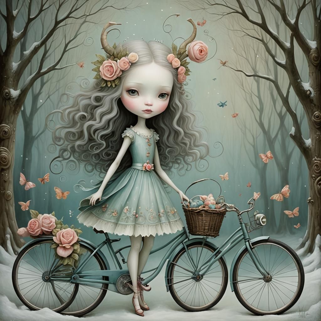 Whimsical Creature on Bicycle: A Mystical Painting