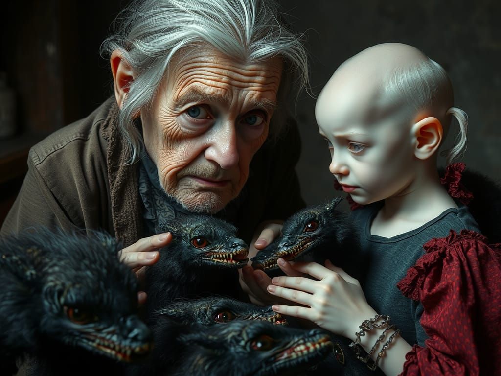 Eerie Portrait: Woman Feeding Surreal Creatures