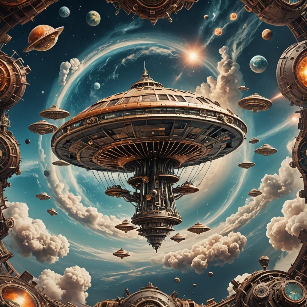Mushroom UFO over Earth in Psychedelic Steampunk Style