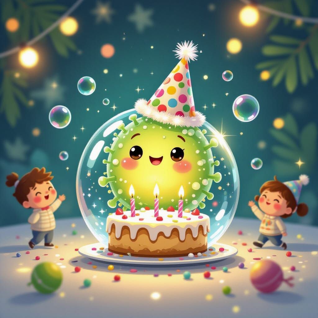 Germ's Joyful Birthday Party Inside a Water Droplet