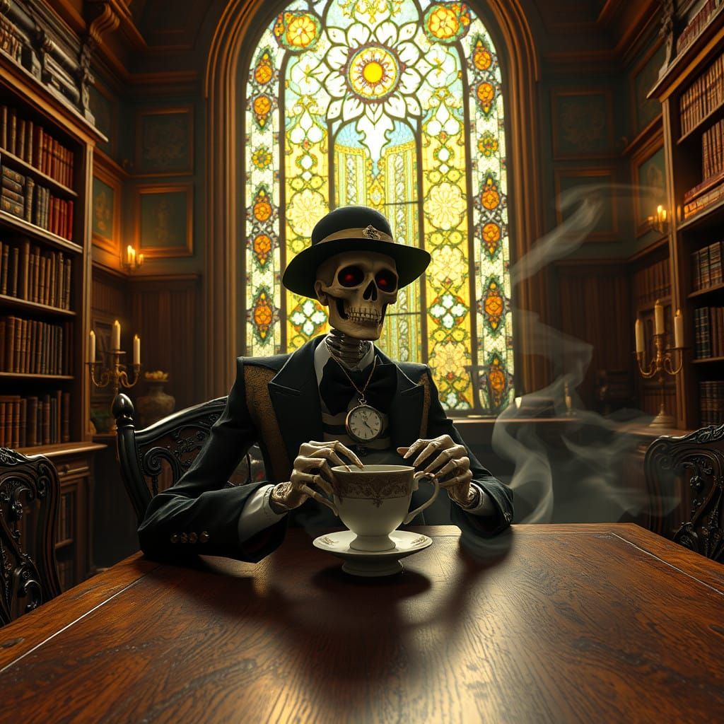 Elegant Skeleton Sips Coffee in Vintage Study
