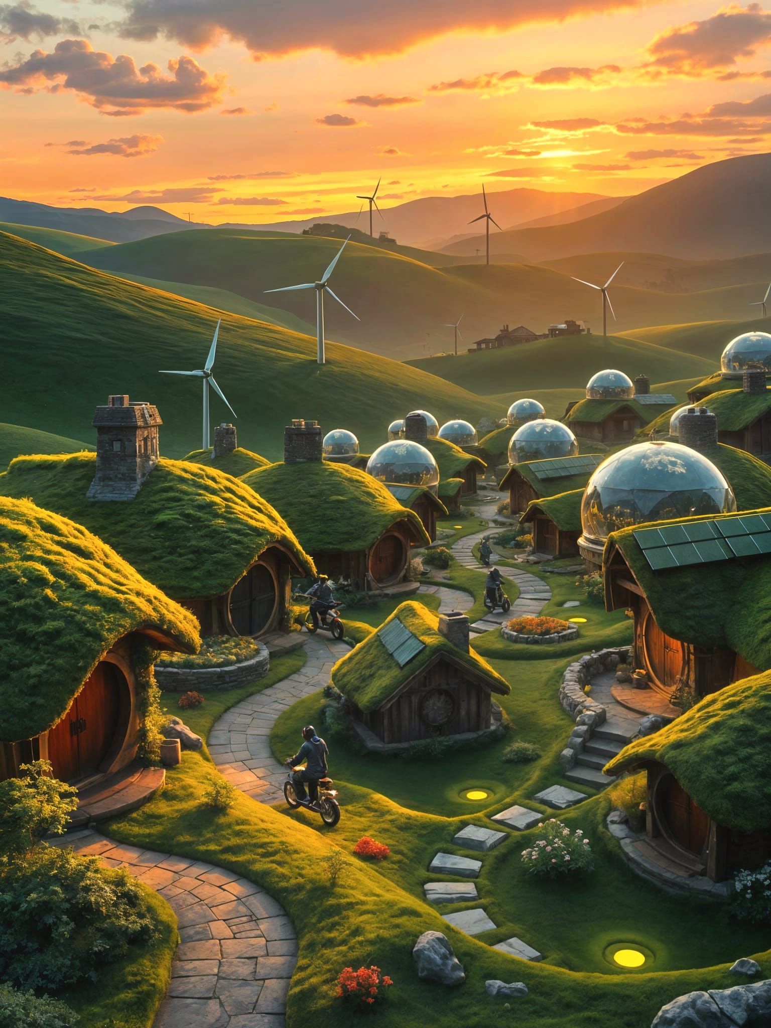 Surreal Solarpunk Hobbit Village at Golden Hour