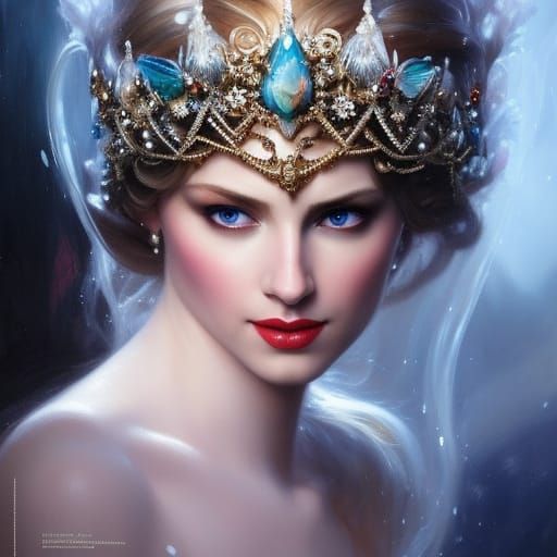Intricate Snow Queen Crown Oil Painting