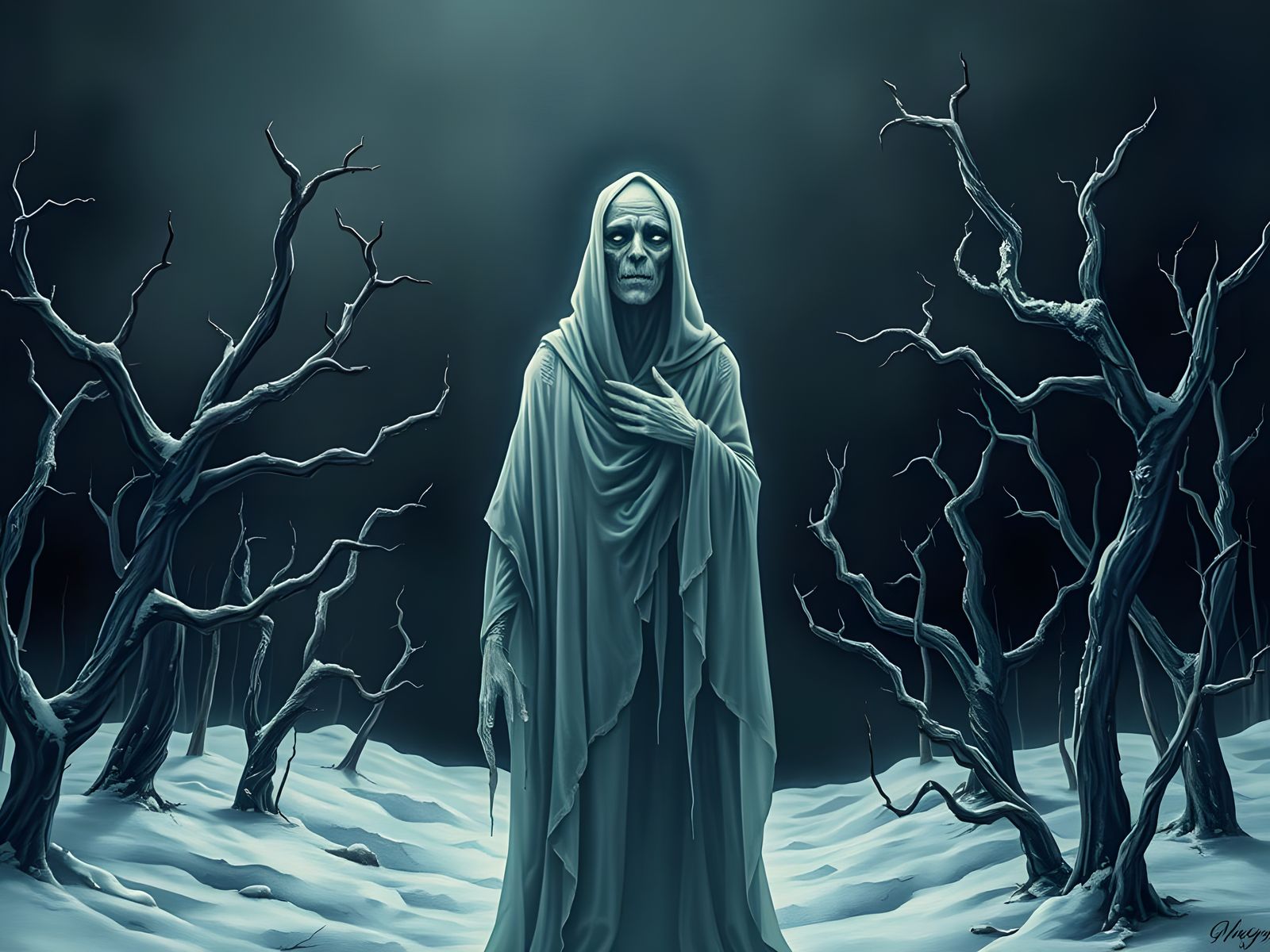 Ethereal Ghost Haunts Dark Winter Forest