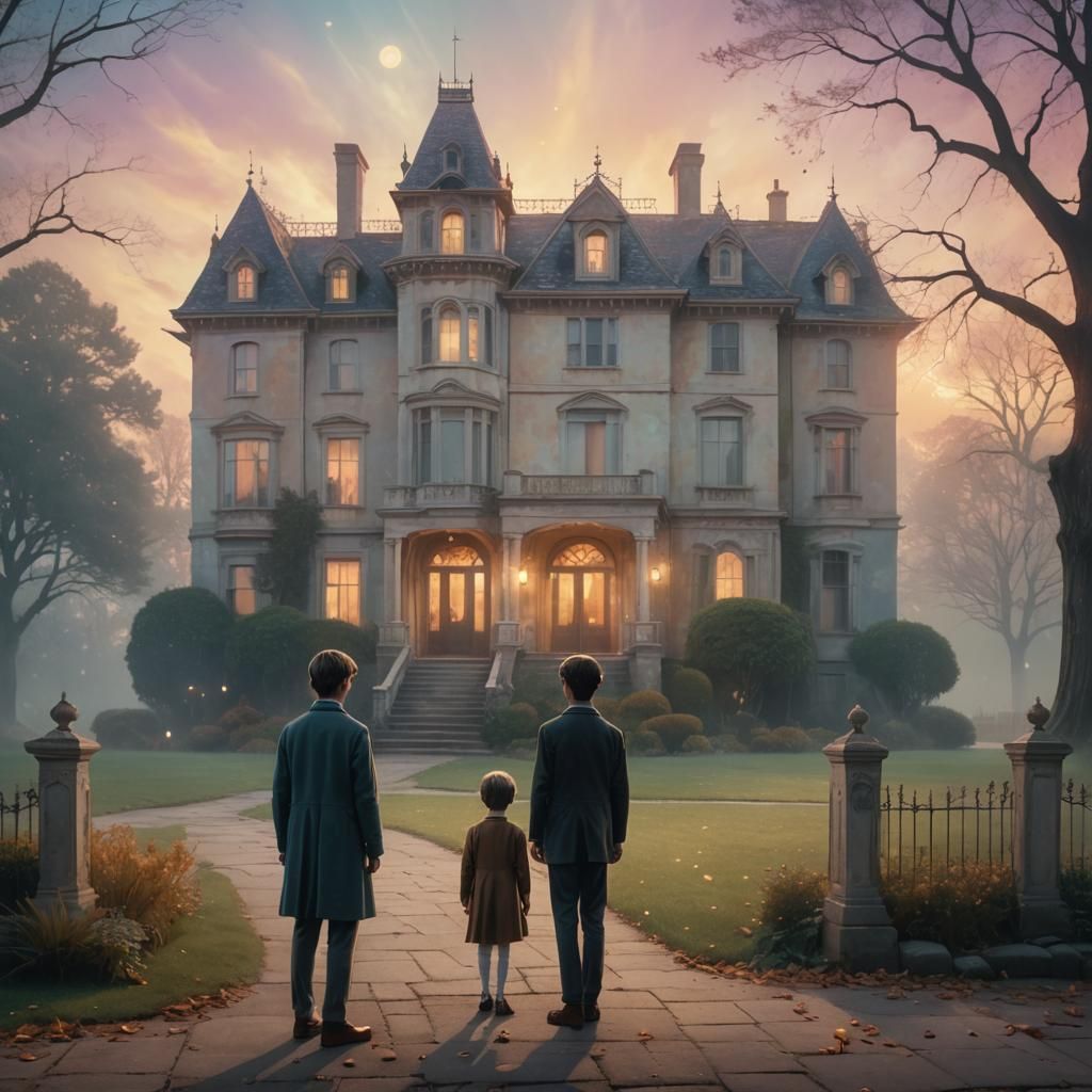 Ethereal Ghost Protects Boy in Dreamy Landscape