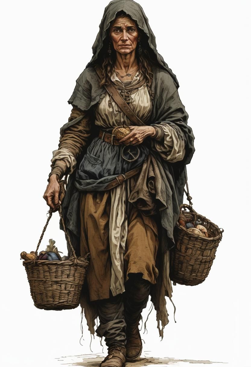 Impoverished Woman Hauling Baskets, 17th Century France
