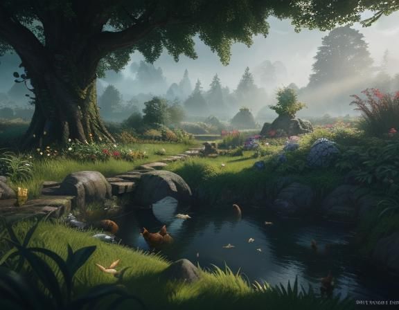 Hobbit and Hens in Lush Garden: 3D Game Cinematic