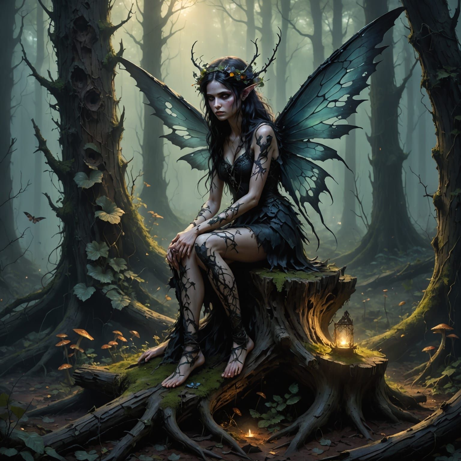 Melancholic Fairy in Misty Forest Clearing