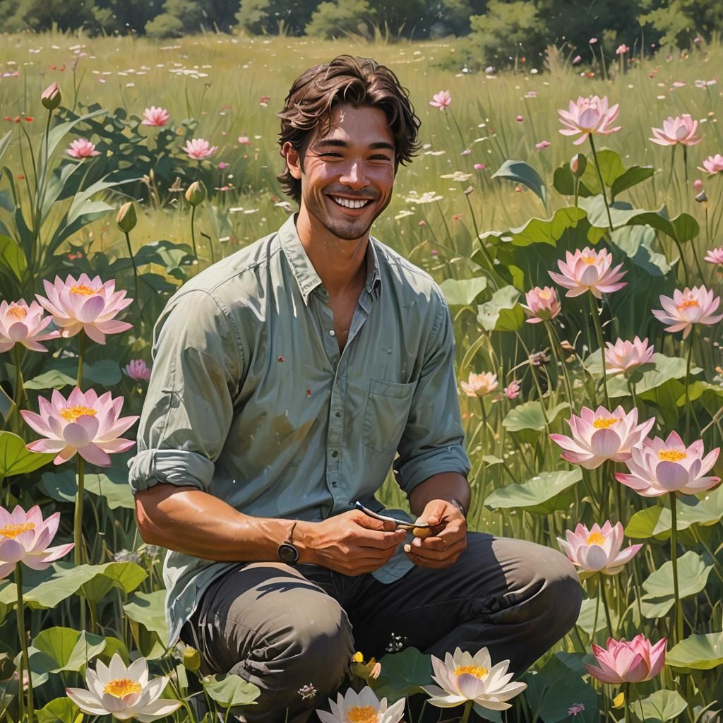 Young Man Sketches Portraits on Lotus Flowers