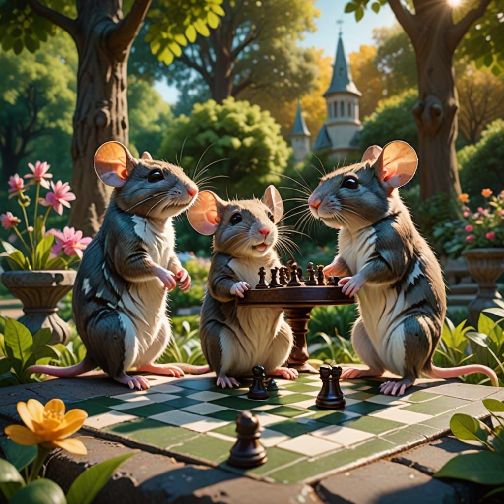 Adorable mice playing chess in the park