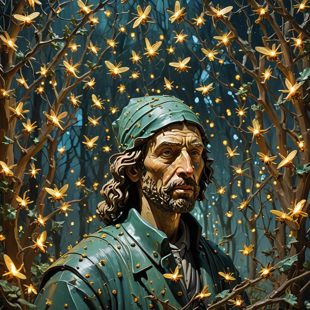 Hyperrealistic Sculpture in Forest with Fireflies and Lights