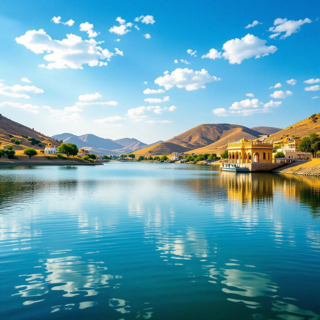 Vibrant Gadisar Lake Scene with Impressionist Brushstrokes