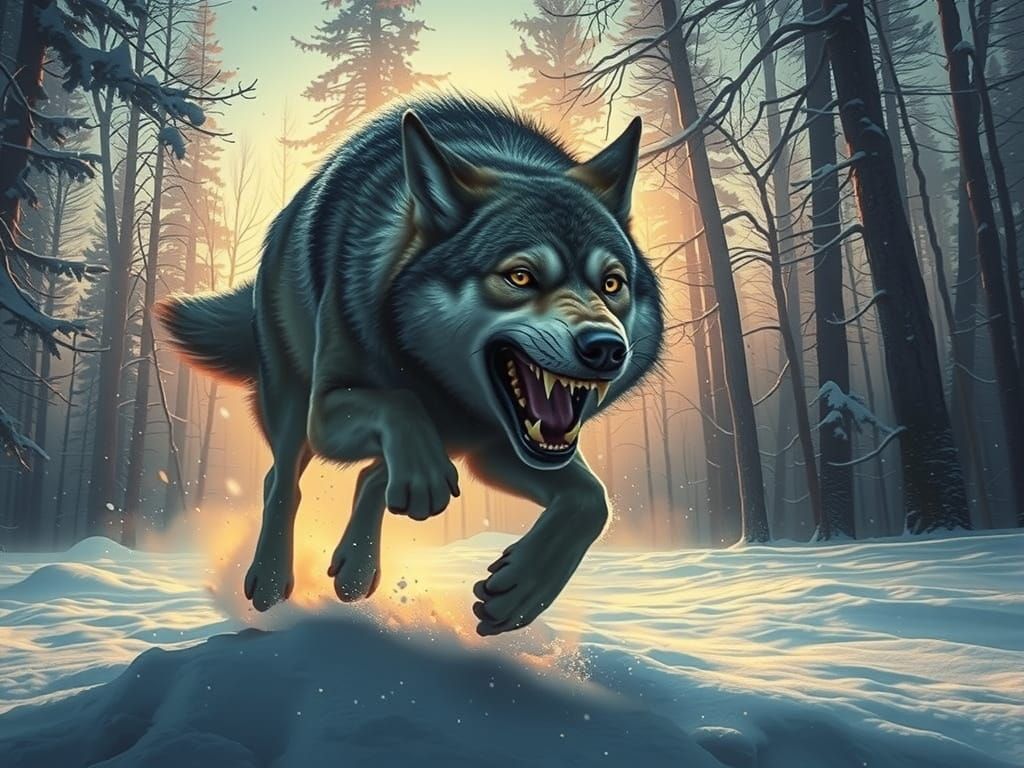 Attacking Wolf Running Through Snow at Dawn