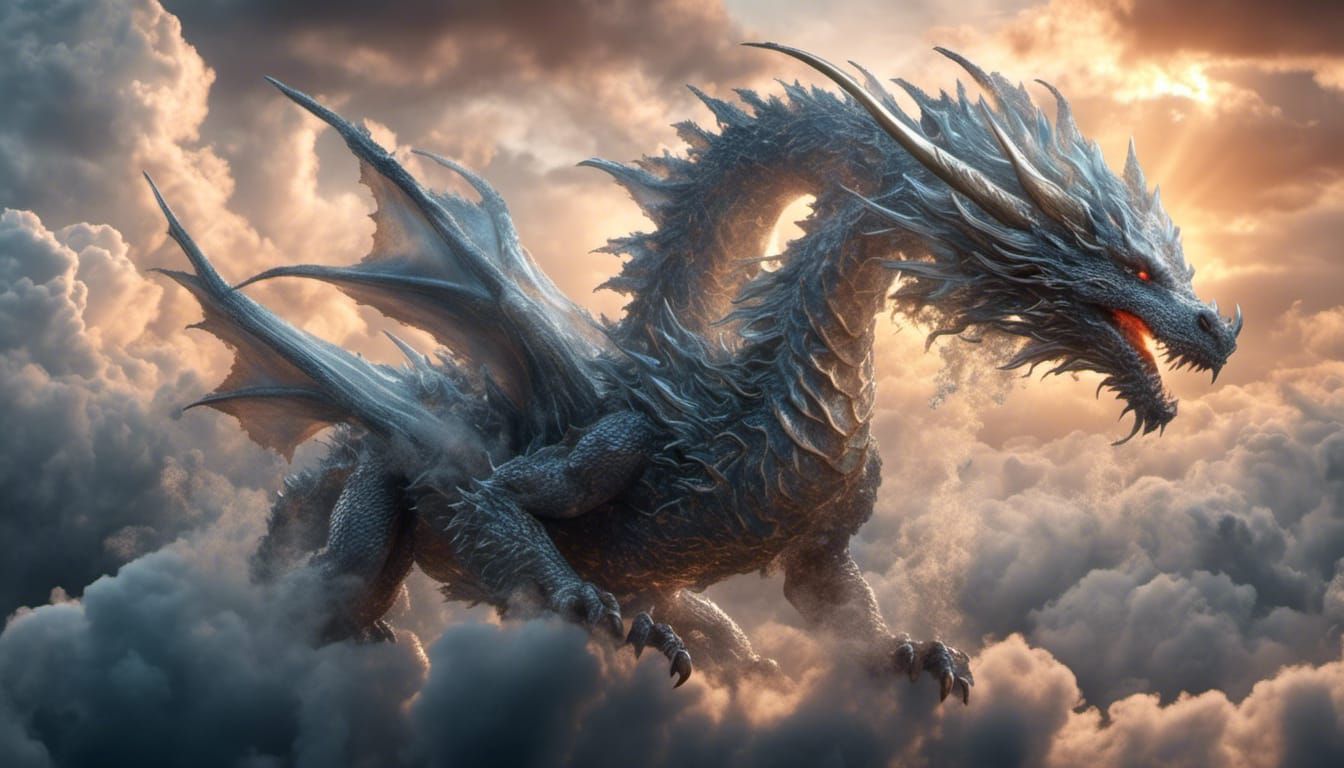 Mythical Cloud Dragon Flying at Sunset