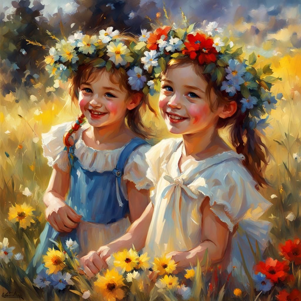 Girls Weaving Wreaths in Meadow, Watercolor Painting