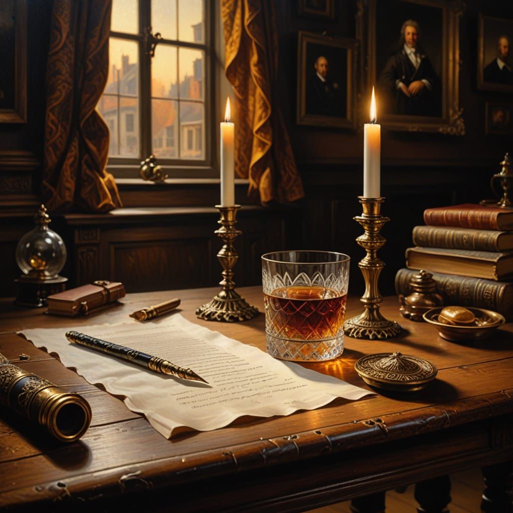 Baroque Quill on Wooden Table