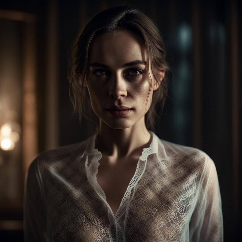 Hyperrealistic Portrait of Woman in Dimly Lit Room