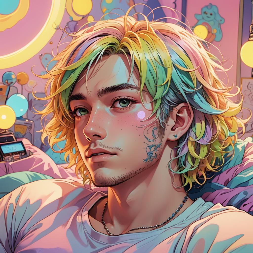 Anime Man with Rainbow Hair in Pastel Room
