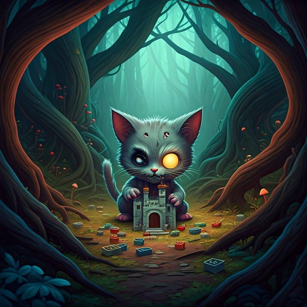 Zombie Cat Builds Lego Castle in Dreamlike Forest